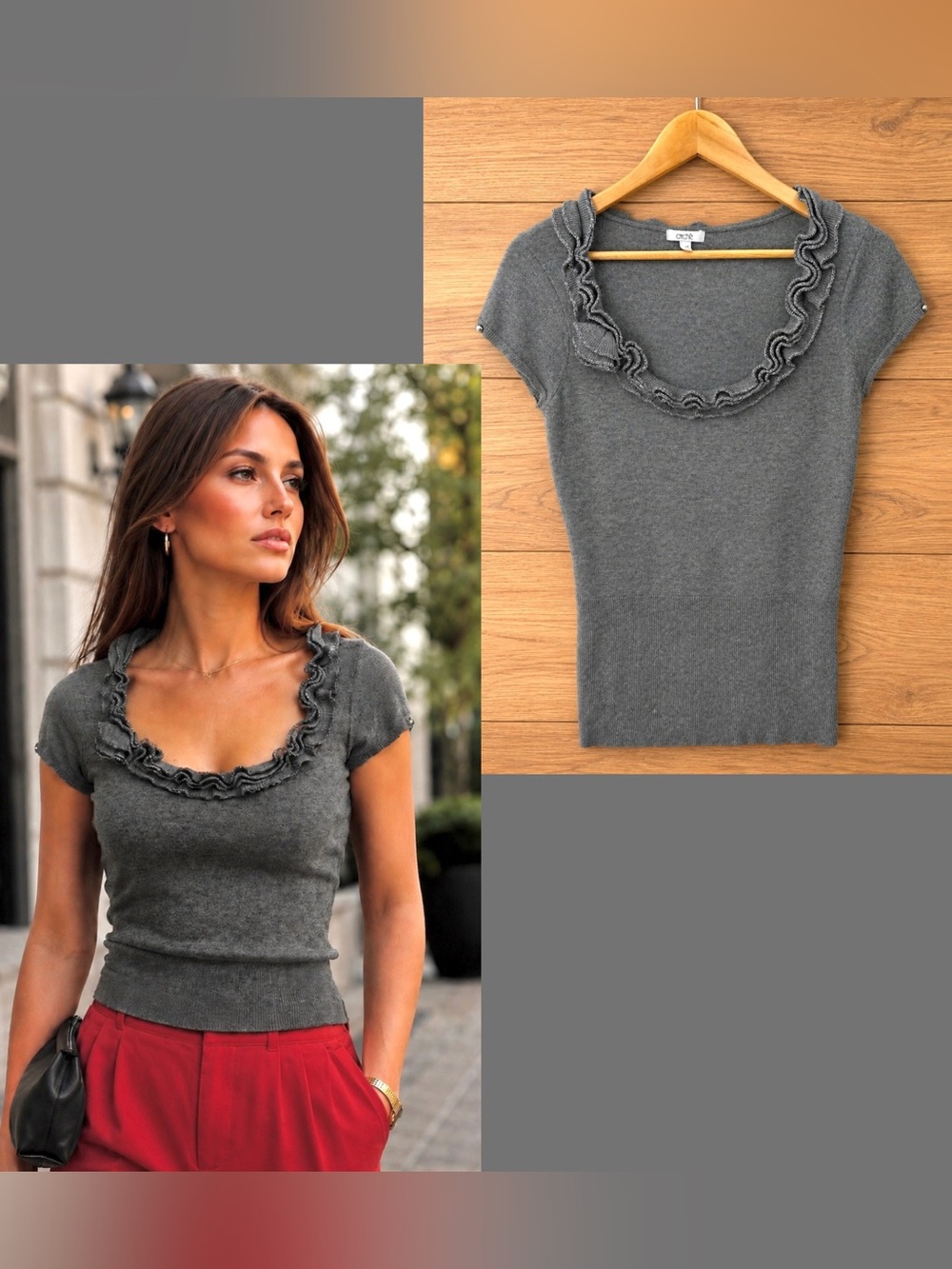Cache Gray Ruffle Scoop Neck Short Sleeve Top